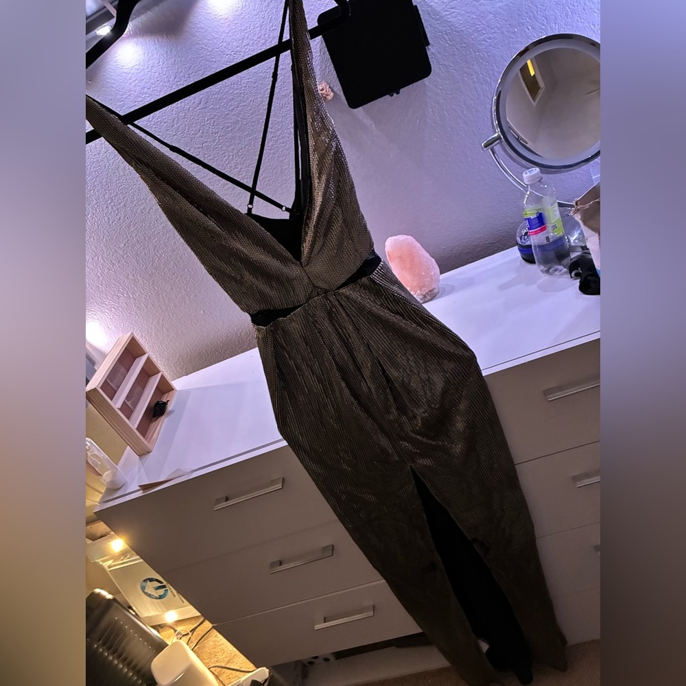 Backless V-Neck Metallic Olive Green Evening Dress